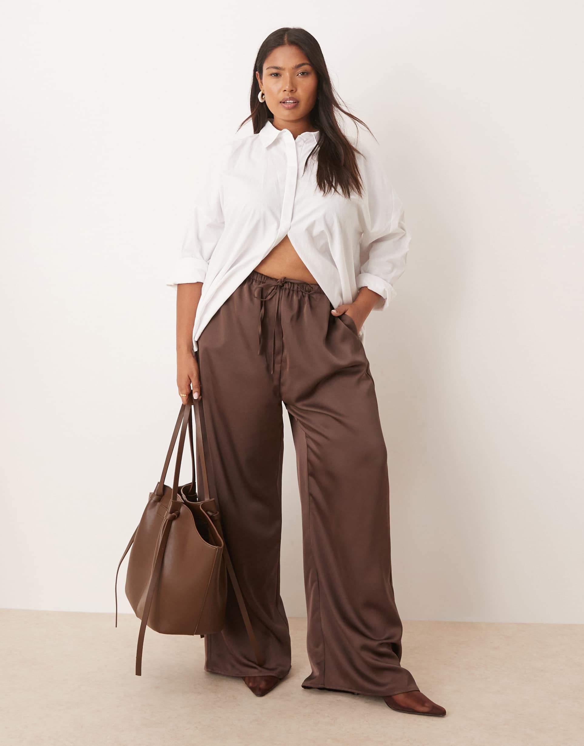 pretty lavish curve satin tie waist pants in chocolate brown