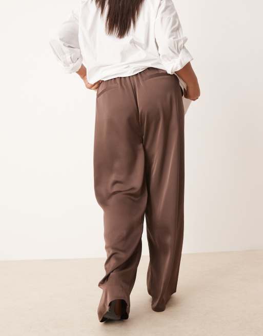 Pretty Lavish Curve satin tie waist pants in chocolate brown, 5 of 5