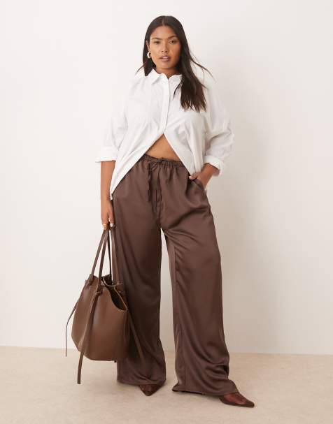 Pretty Lavish Curve satin tie waist trouser in chocolate brown