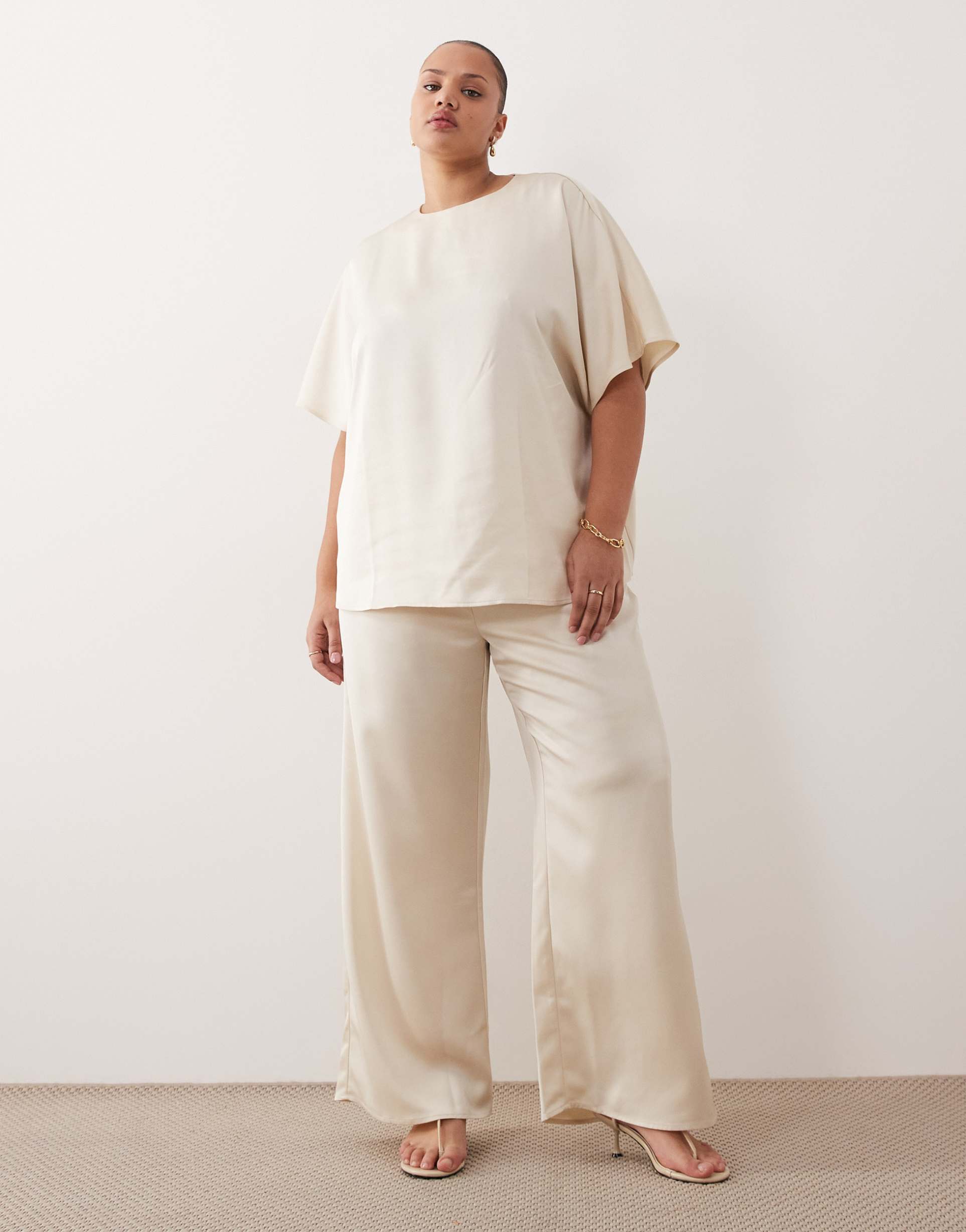 pretty lavish curve satin wide leg tie waist pants in oyster - part of a set