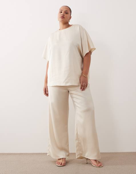 Pretty Lavish Curve satin wide leg tie waist trouser co-ord in oyster - view 1