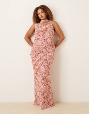 Pretty Lavish Curve Scarf Ruffle Split Front Maxi Dress In Multi
