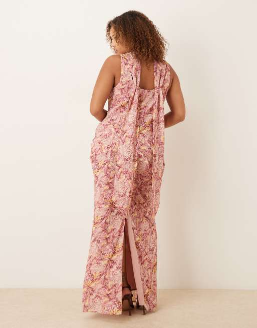 Pretty Lavish Curve scarf ruffle split front maxi dress in abstract berry print, 3 of 4