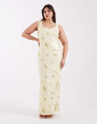 Pretty Lavish Curve sequin scoop neck maxi dress in lemon floral 