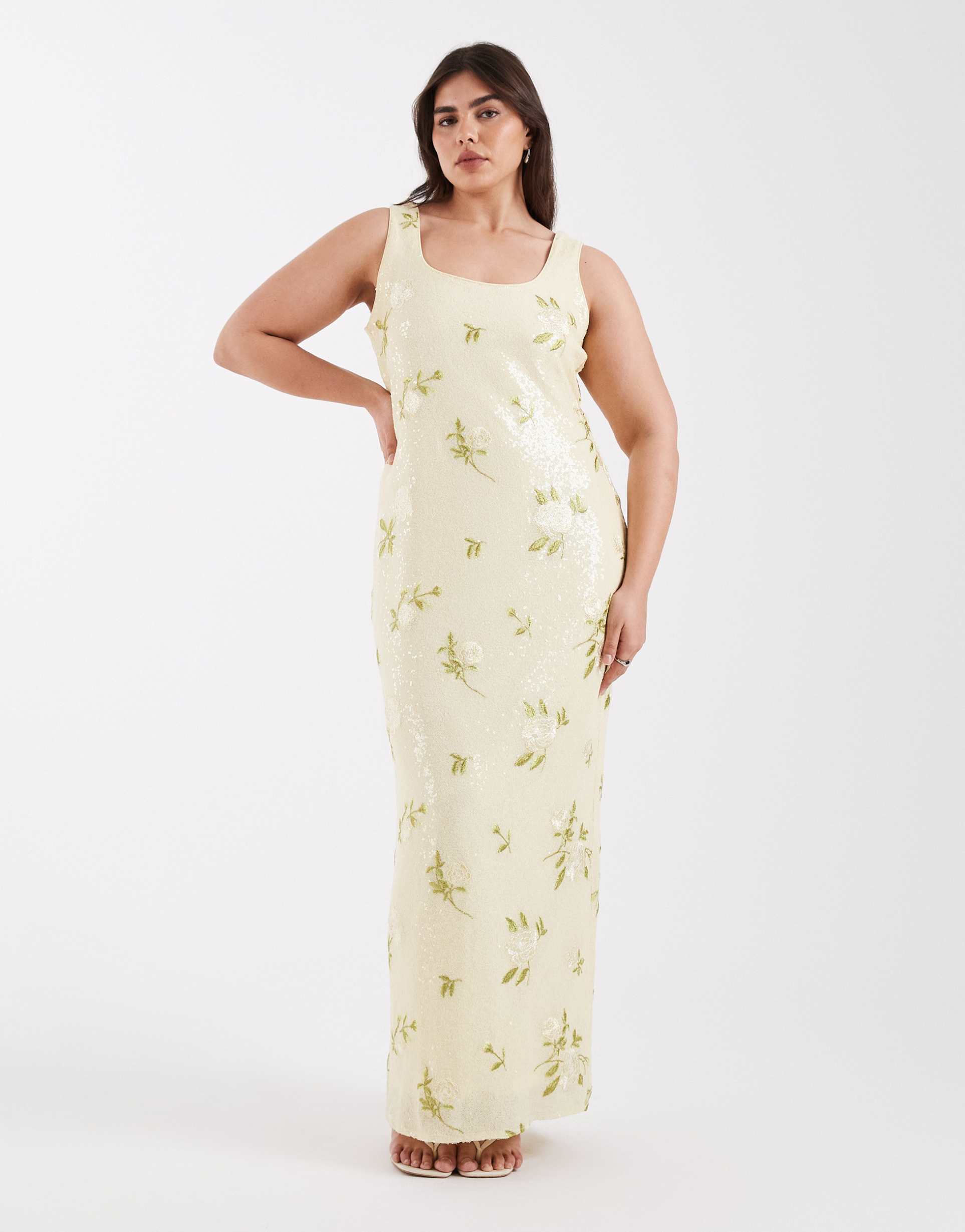 pretty lavish curve sequin scoop neck maxi dress in lemon floral