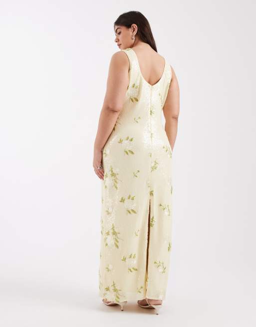Pretty Lavish Curve sequin scoop neck maxi dress in lemon floral , 2 of 4