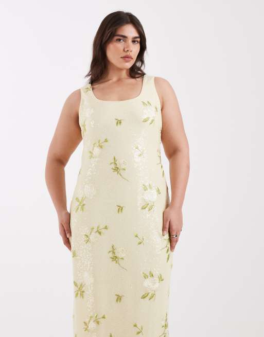 Pretty Lavish Curve sequin scoop neck maxi dress in lemon floral , 3 of 4