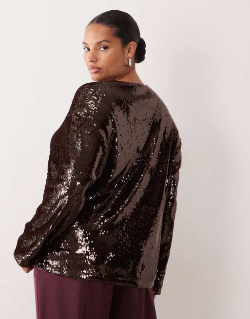 Pretty Lavish Curve sequin shoulder pad detail button down top in chocolate, 4 of 4