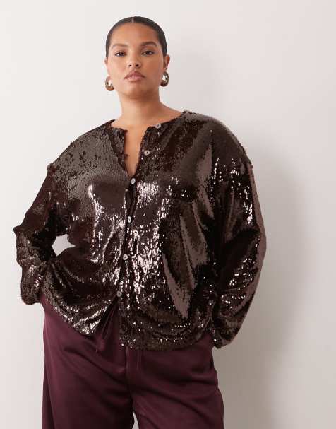 Pretty Lavish Curve sequined shoulder pad detail button down top in chocolate - view 1