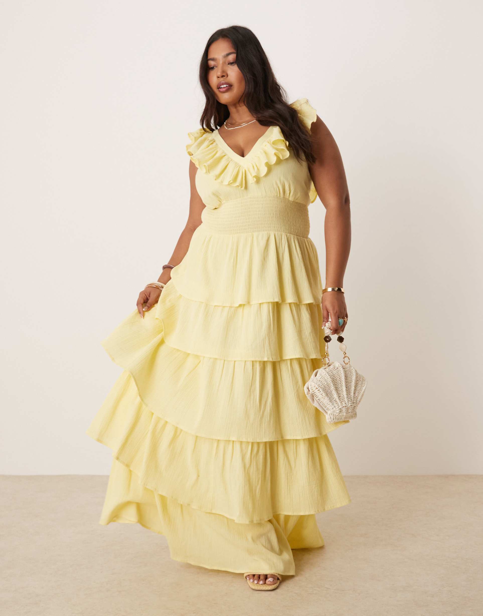 pretty lavish curve shirred ruffle maxi dress in lemon