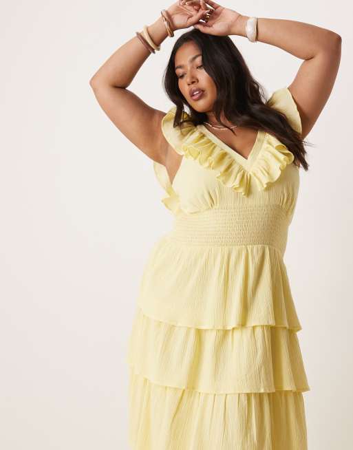 Pretty Lavish Curve shirred ruffle maxi dress in lemon