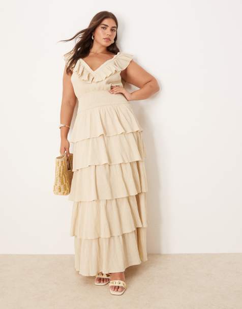Pretty Lavish Curve shirred ruffle maxi dress in sand - view 1