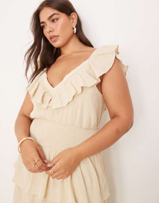Pretty Lavish Curve shirred ruffle maxi dress in sand, 2 of 4