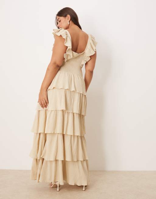 Pretty Lavish Curve shirred ruffle maxi dress in sand, 3 of 4
