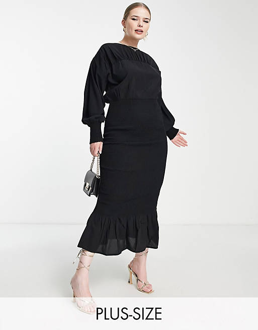 Pretty Lavish Curve shirred ruffle midaxi dress in black | ASOS