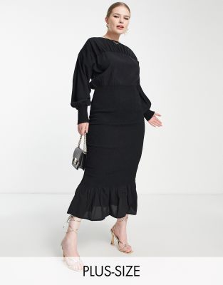 Pretty Lavish Curve shirred ruffle midaxi dress in black