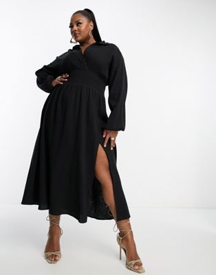 Pretty Lavish Curve shirred shirt dress in black