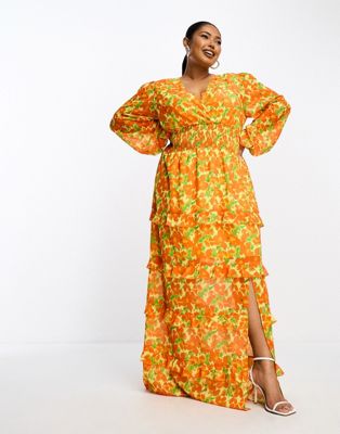 Pretty Lavish Curve shirred waist maxi dress in orange and yellow floral - ASOS Price Checker