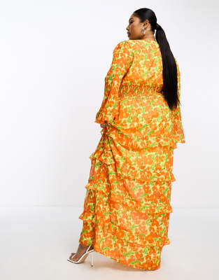 Pretty Lavish Curve shirred waist maxi dress in orange and yellow floral