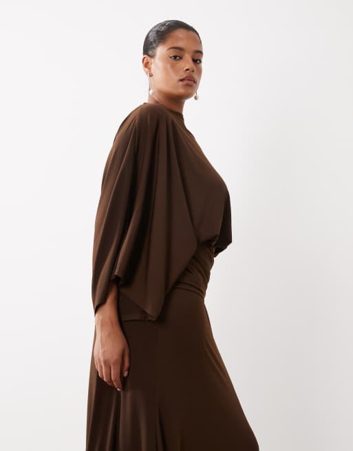 Pretty Lavish Curve slash neck draped maxi dress in chocolate, 3 of 4