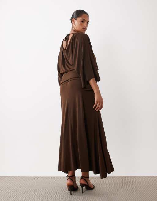 Pretty Lavish Curve slash neck draped maxi dress in chocolate, 4 of 4