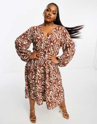 Pretty Lavish Curve smock midaxi dress in brown abstract zebra print-Multi