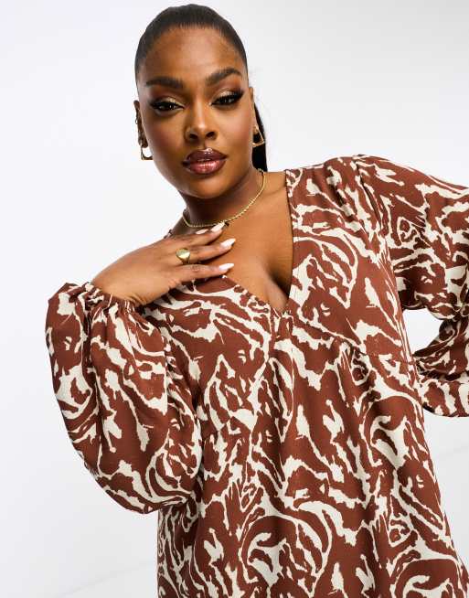 Pretty Lavish Curve smock midaxi dress in brown abstract zebra