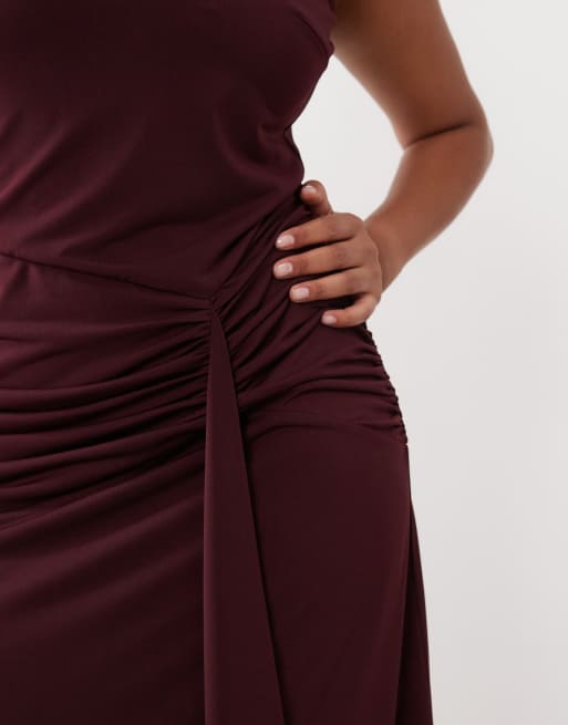 Pretty Lavish Curve stram kjole med høj hals, bindefront og ærmeløs maxi i dyb bordeaux, 2 af 4
