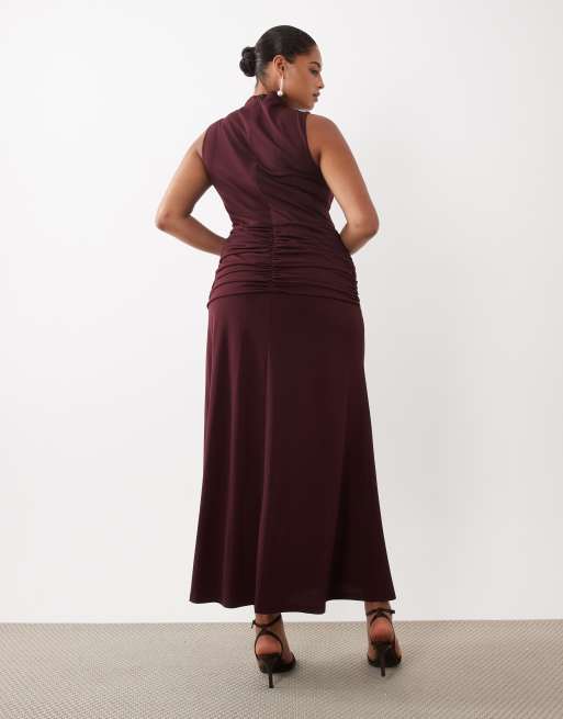 Pretty Lavish Curve stram kjole med høj hals, bindefront og ærmeløs maxi i dyb bordeaux, 4 af 4