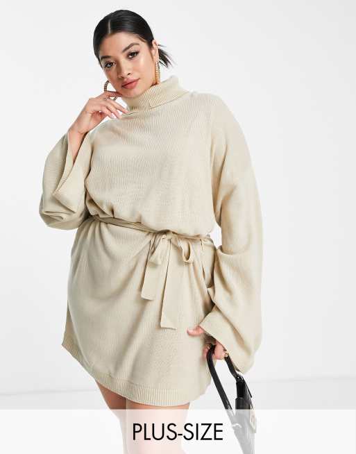 Pretty Lavish Curve - Strikket minikjole med bindebånd i taljen i beige