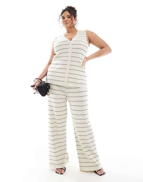 Pretty Lavish Curve stripe knit trouser co-ord in cream & black