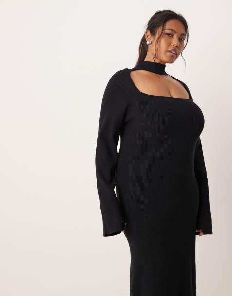 Pretty Lavish Curve – Svart, stickad maxiklänning med fyrkantig ringning och choker-halsband - view 1