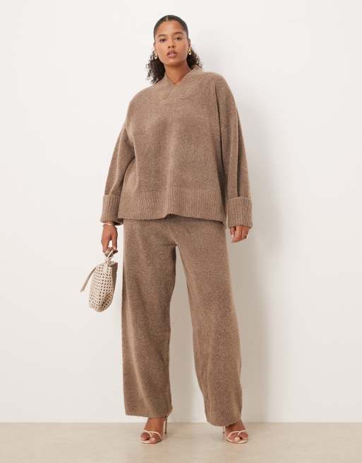 Pretty Lavish Curve textured knit drawstring wide leg trouser co-ord in deep taupe, 2 of 5