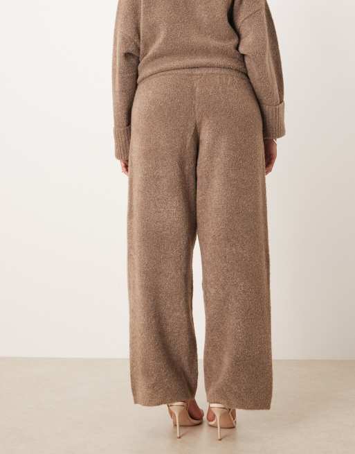 Pretty Lavish Curve textured knit drawstring wide leg trouser co-ord in deep taupe, 3 of 5