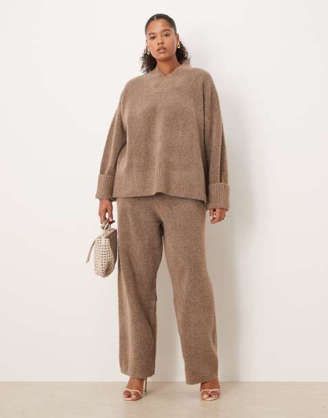 Pretty Lavish Curve textured knit jumper and pants set in deep taupe - view 1