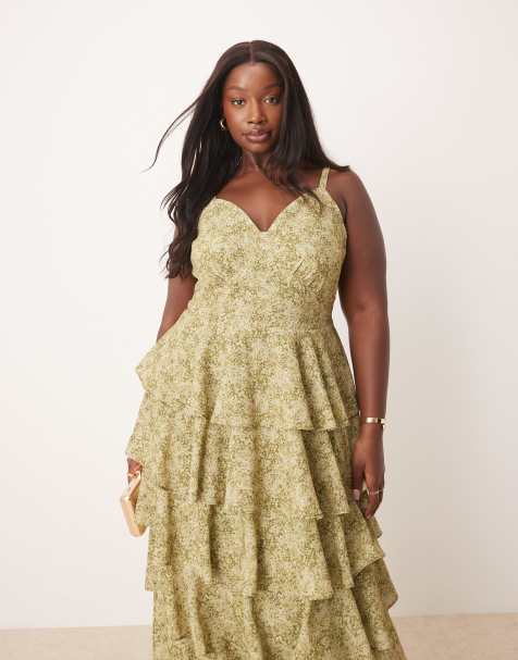 Pretty Lavish Curve tie back ruffle midaxi dress in olive floral