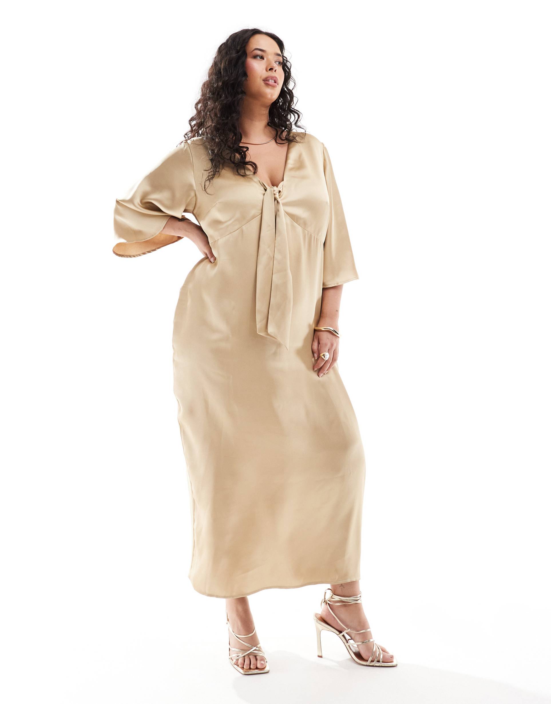 pretty lavish curve tie front satin midaxi dress in irish cream