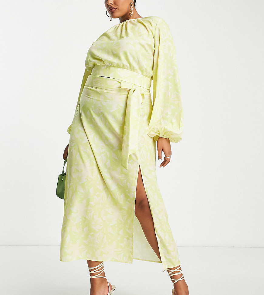 Pretty Lavish Curve tie midaxi skirt co-ord in chartreuse floral-Yellow