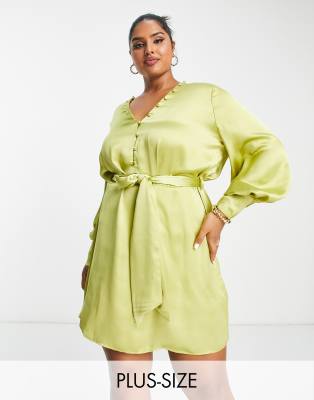 Pretty Lavish Curve Tie Waist Button Mini Dress In Olive-yellow