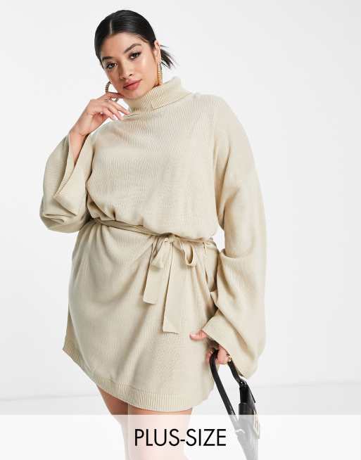 Pretty Lavish Curve Tie Waist Knit Mini Dress In Beige Asos