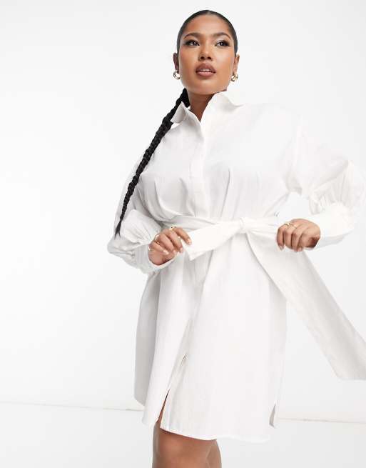 Pretty Lavish Curve tie waist mini shirt dress in white | ASOS