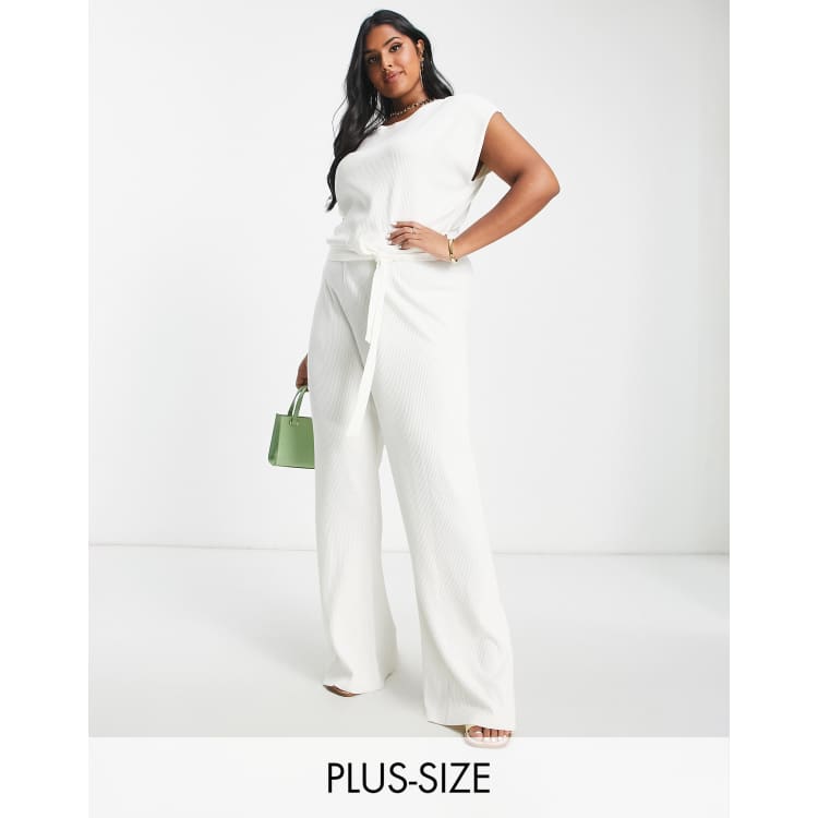 Pretty Lavish Curve tie waist ribbed knit jumpsuit in cream