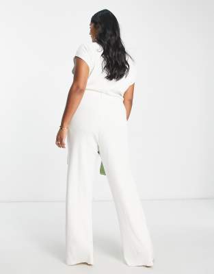 Pretty Lavish Curve tie waist ribbed knit jumpsuit in cream