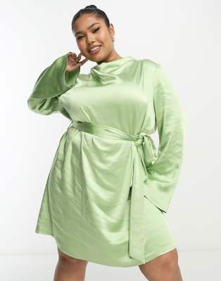 Pretty Lavish Curve Tie Waist Satin Mini Dress In Soft Olive-green