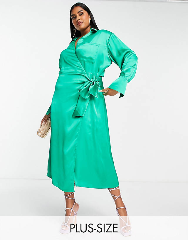 Pretty Lavish Curve - tie waist shirt midaxi dress in emerald