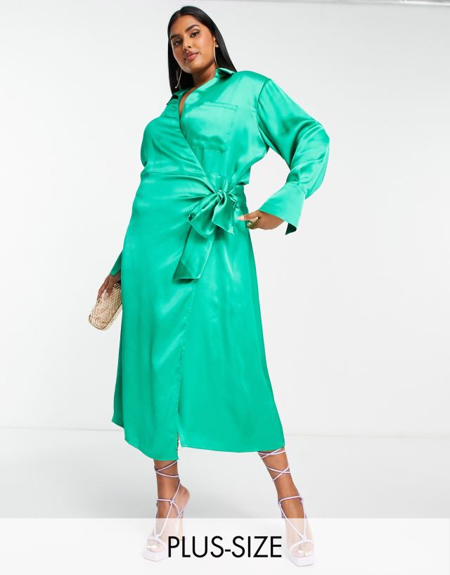 Pretty Lavish Curve tie waist shirt midaxi dress in emerald