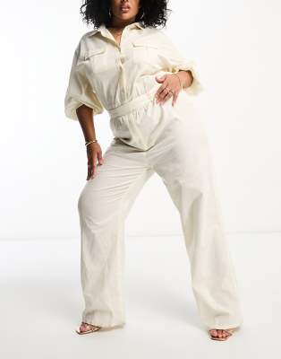 Pretty Lavish Curve Pretty Lavish Curve tie waist utility jumpsuit in cream-White