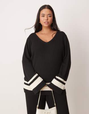 Pretty Lavish Curve Pretty Lavish Curve v neck contrast knit jumper co ord in black