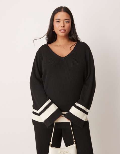 Pretty Lavish Curve v neck contrast knit sweater in black - part of a set - view 1