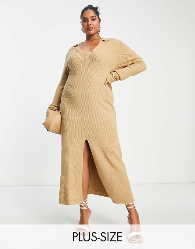 Pretty Lavish Curve v-neck knit midi dress in beige